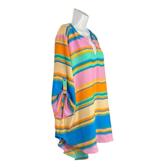 Cato Plus Size 22/24W Multicolor Striped Tunic Top Hi-Low Roll Tab Sleeve Blouse - Picture 2 of 8